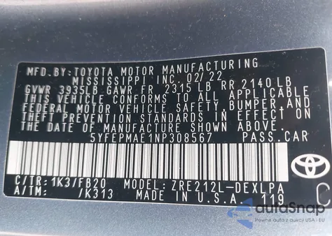 2022 Toyota Corolla Le z USA, uszkodzony, nr VIN 5YFEPMAE1NP308567